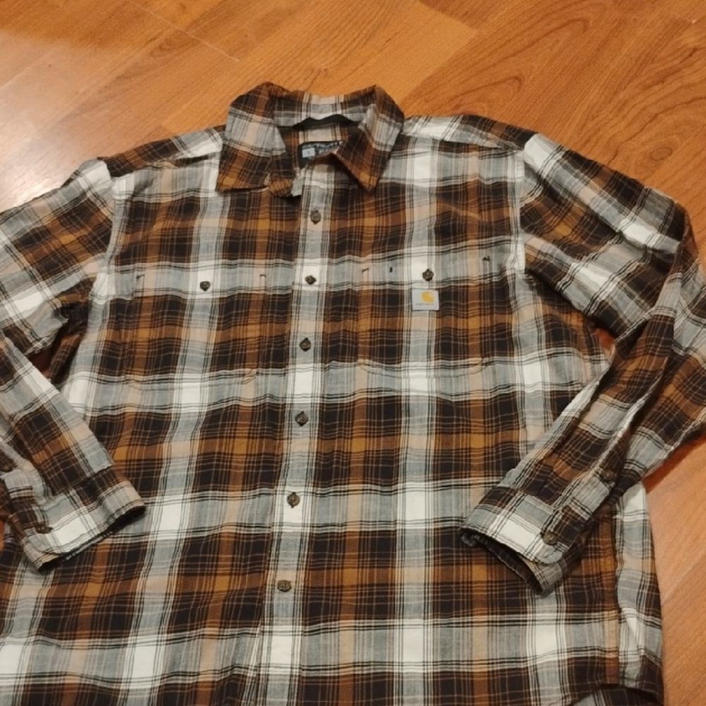 Carhartt Men's Casual Brown and White Plaid Shirt